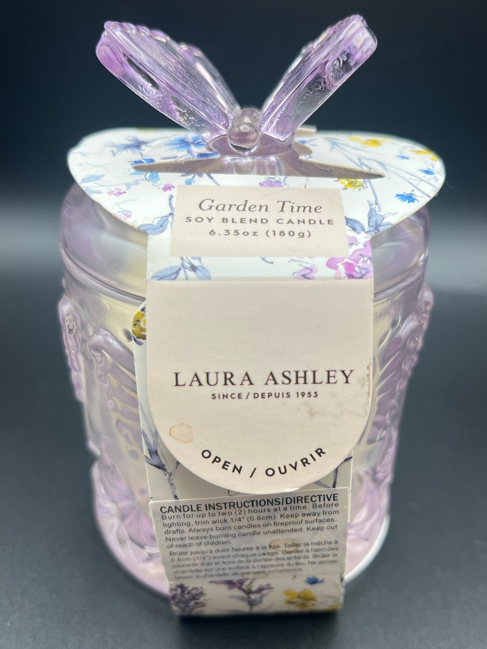 🦋 Laura Ashley "Garden Time" Soy Blend Candle - Gorgeous Butterfly Lid!